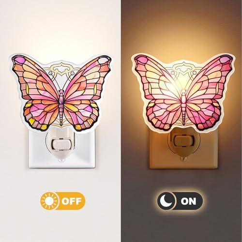 Image of Pink Butterfly Night Light - Stained Glass Styled Plug-in Wall Light for Vertical Outlets - Real Glass, Warm Glow for Bedroom, Bathroom, Hallway - Gift for Butterfly Lovers