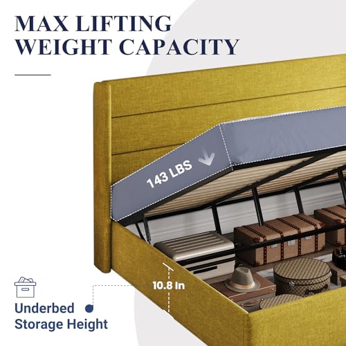 Allewie King Size Lift Up Storage Bed, Modern Wingback Headboard, Hydraulic Support, No Box Spring Needed, Olive Yellow