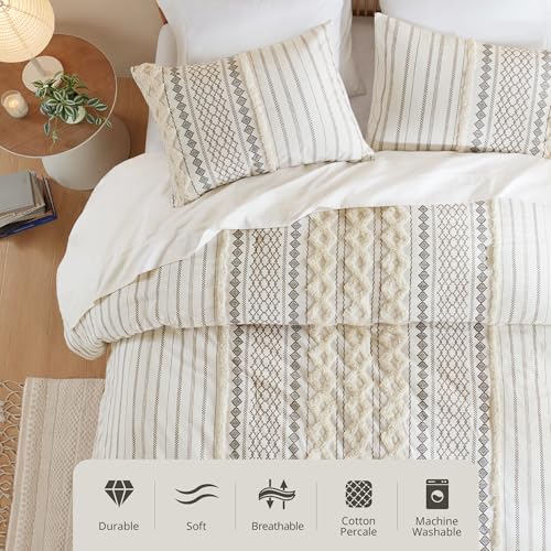 Image of INK+IVY Imani 100% Cotton Duvet Mid Century Modern Design, All Season Comforter Cover Bedding Set, Matching Shams, King /Cal King, Ivory Chenille Tufted Accent 3 Piece