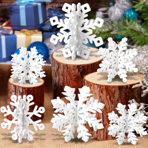 OuMuaMua 6 Set Snowflake Christmas Table Decorations - 12pcs White Wooden 3D Snowflake Decor Tabletop Centerpiece for Christmas Party Supplies Home Decor
