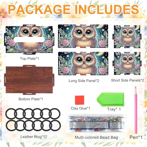 Image of DIY Diamond Painting Tissue Box, Owl Design Diamond Art Wooden Napkin Holder, Decorative Rhinestone Craft Kit for Adults, Desktop Crystal Rhinestones Art Box for Home Decor & Organizer