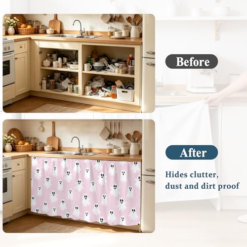 Kitchen Cabinet Curtains Cute Ghosts Halloween Sink Skirt for Bathroom Pink White Funny Art Dishwasher Curtain Cover Under Desk Curtain Skirt Privacy Drape for Classroom Laundry Closet Decor 28"x35" - Image 5