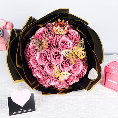DIY Glitter Roses Artificial Bouquet of Shiny Fake Flower Bouquet Perfect for Mothers Day Gift Anniversary Weddings - 25 Roses (charmed pink)