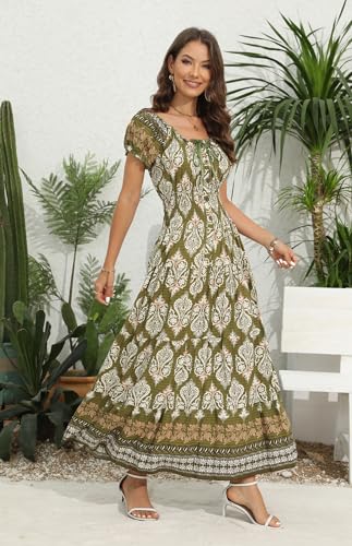 Image of OSTOO Women's Floral Maxi Dress Boho Summer Short Sleeve Smocked Waist Tiered Long Dress