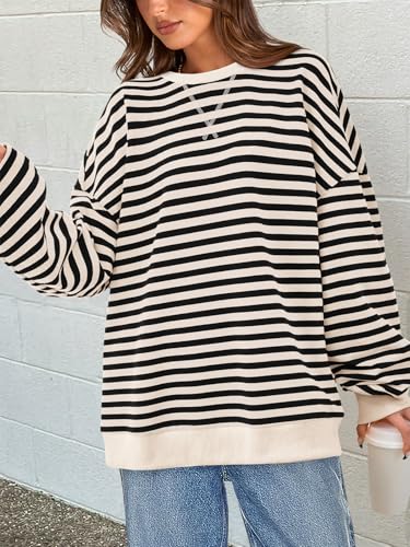 Image of PRETTYGARDEN Womens Striped Oversized Sweatshirt Color Block Crew Neck Long Sleeve Casual Loose Pullover Top Y2K Clothes