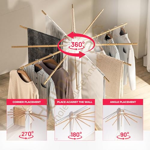Image of Foldable Tripod Clothes Drying Rack, Floor Standing Laundry Dryer with 16 Solid Beech Wood Poles | Multi-Way Rotatable Cloth Stand, Heavy-Duty, Collapsible & Lightweight, 3.9 ft Drying Length