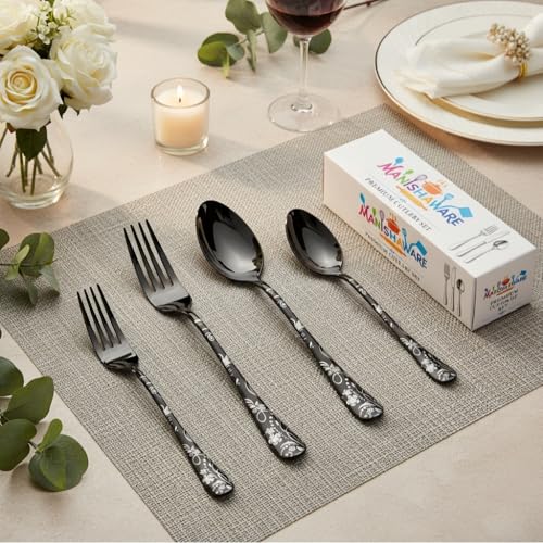 Image of Classic Black 20 Pcs Stainless Steel Cutlery Set for Dining Table, Dishwasher Safe Glossy Flatware (Perfect Spoon Fork Set)