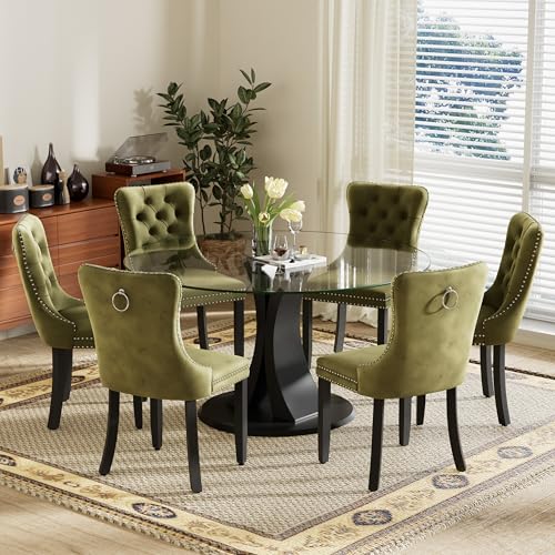 Image of 7-Piece Dining Table Set with 47In Tempered Glass Table and 6 Velvet Upholstered Chairs, Modern Scandinavian Furniture for Dining Room Kitchen(Olive Green)