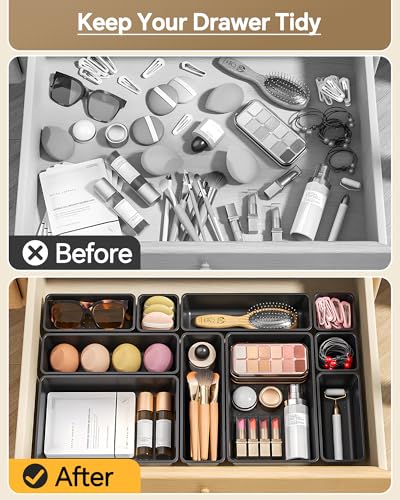 25 PCS Plastic Drawer Organizers Set, 4 Sizes Vanity Organizer, Makeup and Desk Drawer Organizer Trays, Organization and Storage for Makeup, Bathroom, Kitchen Utensils and Office (Black) - Image 3