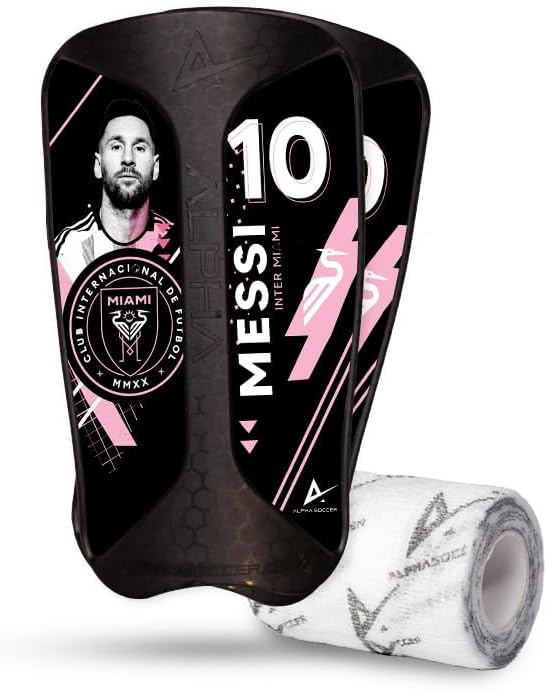 Alpha Soccer Espinilleras  Equipo protector de fútbol, juego de espinilleras ligero con envoltura Alpha (SM, calcomanías Messi Inter Miami)