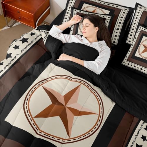 Image of Western Texas Star Bed in a Bag King Size Comforter Set 7-Piece | Black Stars Western Bedding Sets Exotic Nordic Grunge Circle Comforter and Sheet Set,Southwestern Native Ethnic Tribal Boho Decor