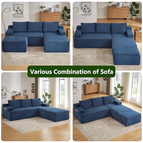 Image of 96.1 inch Modular Sectional Sofa with Ottoman, Modern Corduroy Cloud Couch, Boneless Couch Upholstered 3-Seater U-Shaped Sofa for Living Room, No Assembly (Blue, Right-Facing Chaise)