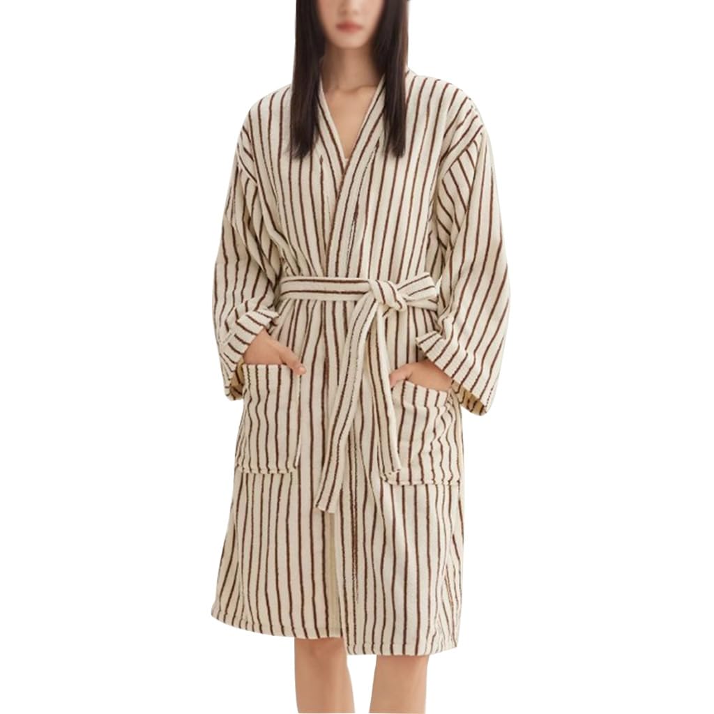 QYFHJGFR Cotton Terry Stripe Bathrobe For Women And Men,Luxury Kimono Soft Terry Cloth Robe,Comfortable Loungewear Nightwear