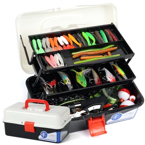 TCMBY Large 3 Layers Tackle Box with Tackle Included, 368Pcs Fishing Lures Kit Contains Pliers,Crankbait,Hooks,Weights & Accessories, Fishing Gear Bait Lure Gifts for Men Bass Freshwater (Black White)