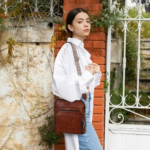 Iswee Leather Crossbody Bags for Women Multi Pockets Medium Shoulder Bag Lightweight Functional Travel Purse3