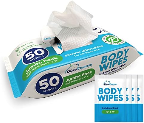 XL Body Wipes (50 Count) + 4 Travel Bath Wipes - 9" x 12" No Rinse Thick Cleansing Shower Wipes, Disposable Washcloths for Adults with Aloe Vera & Vitamin E for Bathing, Camping, Elderly Incontinence
