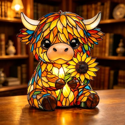 Henpk Sunflower Highland Cow Lamp Handcrafted Stained Glass Style Resin Highland Cow Night Lamp Cute Animal Night Light for Home Office Bedroom Living Room Desk Decor Gift for Cow Lovers (#A)