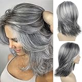 SEVENCOLORS Layered Grey Silver Wigs for White Women Short Mixed Gray Wig with Curtain Bangs Synthetic Hair Medium Length Bob Wigs