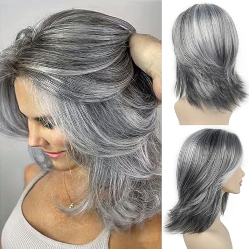 SEVENCOLORS Layered Grey Silver Wigs for White Women Short Mixed Gray Wig with Curtain Bangs Synthetic Hair Medium Length Bob Wigs