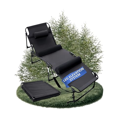 PLEOFLO Outdoor Lounge Chair | Extra Large Portable cot incl Leg Raising adjustability | Easy Setup & Takedown | Supports Adults up to 300 lb | Ideal for Camping Patio, Balcony, Beach & More