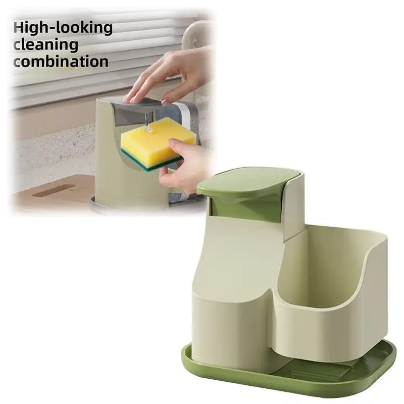 Image of 2 in 1 Dish Soap Dispenser with Caddy & Sponge Holder | Kitchen Sink Caddy Organizer with Soap Pump | Countertop Soap Caddy | Drain Tray for Sponges /Brushes & Scrub Pads