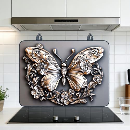 Image of Nuxovilar Gilded Butterfly Stove Cover Diatom Mud 28.65x20.47 In | Glass Protector Countertop Mat Counter Saver Cooktop Cover Kitchen Elegant Cooking Room (Diamond Butterfly)