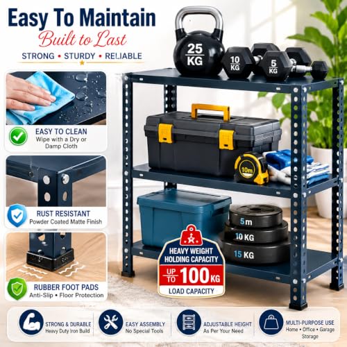 Image of Pure Source India Adjustable Iron Storage Rack, Blue | Matte Finish Multipurpose Shelving Unit for Home, Office, Kitchen, Gym & Utility Storage (2 Ft 2 Shelf)