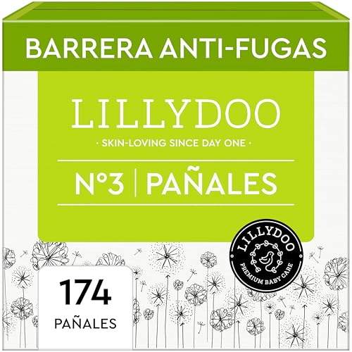 Pañales LILLYDOO delicados con la piel - talla 3 (6-10 kg), caja mensual (174 unidades), protección contra fugas, suaves, sin perfumes ni lociones y dermatológicamente probados