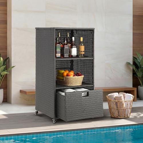 HOMREST Outdoor Pool Towel Rack with Storage Cabinet Waterproof PE Rattan Wicker Poolside Towel Organizer with Shelves & Drawer Rolling Wheels Towel Valet Caddy for Patio Hot Tub Spa Black