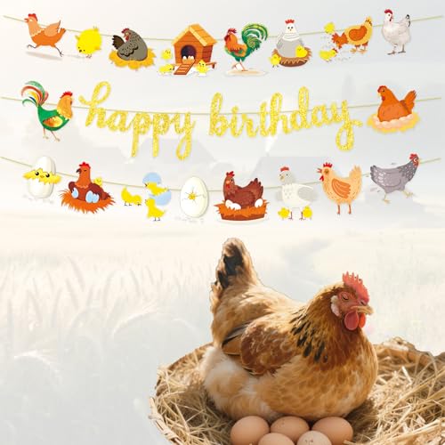 Image of 3pcs Chicken Birthday Decorations Gold Glitter Happy Birthday Banner and Chicken Paper Garlands for Spring Easter Hen & Chick Farm Theme Party Decor Supplies