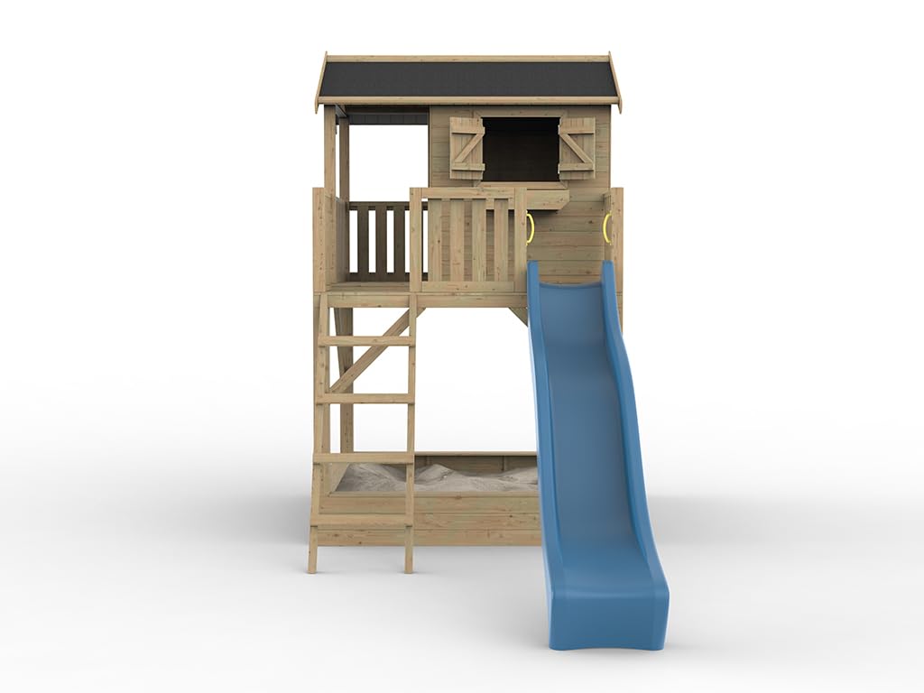 Stelzenhaus Funny XXL | 201x188x303 cm | KDI Kiefernholz | Mit Sandkasten & Blauer Rutsche | Veranda, Balkon & 150 cm Podest | Kinder Outdoor Spielhaus