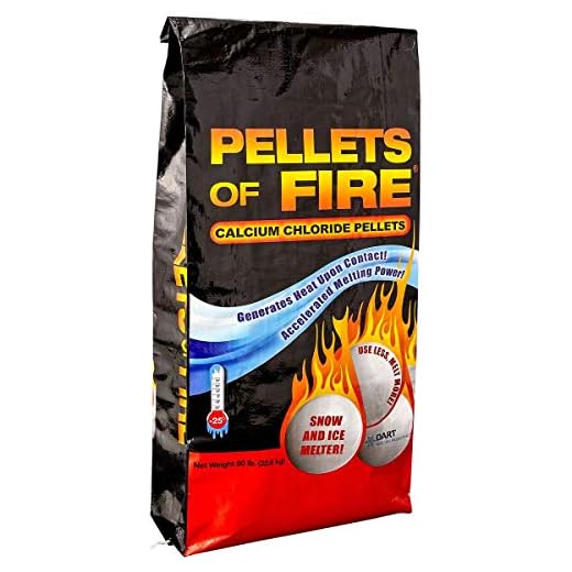 PELLETS OF FIRE Calcium Chloride Ice Melt - 50 Pound Bag - Best Heat Generating Rock Salt for Snow and Ice – Concrete Safe - Industrial Grade, Home and Commercial Use - Works in -25° F