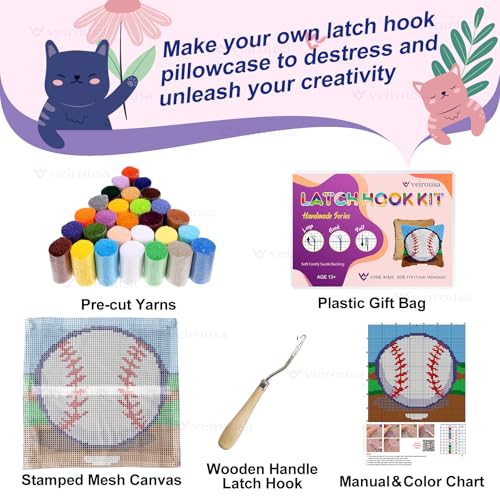 Image of veirousa Latch Hook Kits for Adults, DIY Baseball Pillow & Rug Craft Kit for Beginners, Sport-Themed Handmade Yarn Art, Relaxing Home Sofa Decor Gift 17x17 Inch