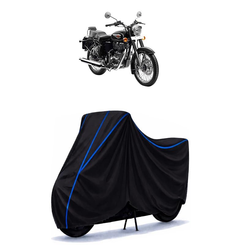 Image of Bullet 500 Bike Cover Water Resistant Universal Motorcycle Rain | Heavy Duty UV Protection, Dust, Scratch Indoor Outdoor All Weather with Black Blue Piping Elastic