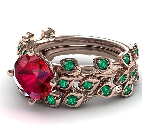 Round Cut Red Ruby & Green Emerald Women's Leaf Cluster Wedding Engagement Bridal Ring Set 925 Sterling Silver 14K Rose Gold Finish2