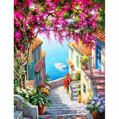 Image of HASTHIP Paint by Numbers Art Kit Mediterranean Dreamscape Acrylic Oil | Painting Kit Canvas Oil Painting Art Wall Decor Home Gift DIY Oil Paint Craft Kit with Tools, Pigments, No Frame, 16x20