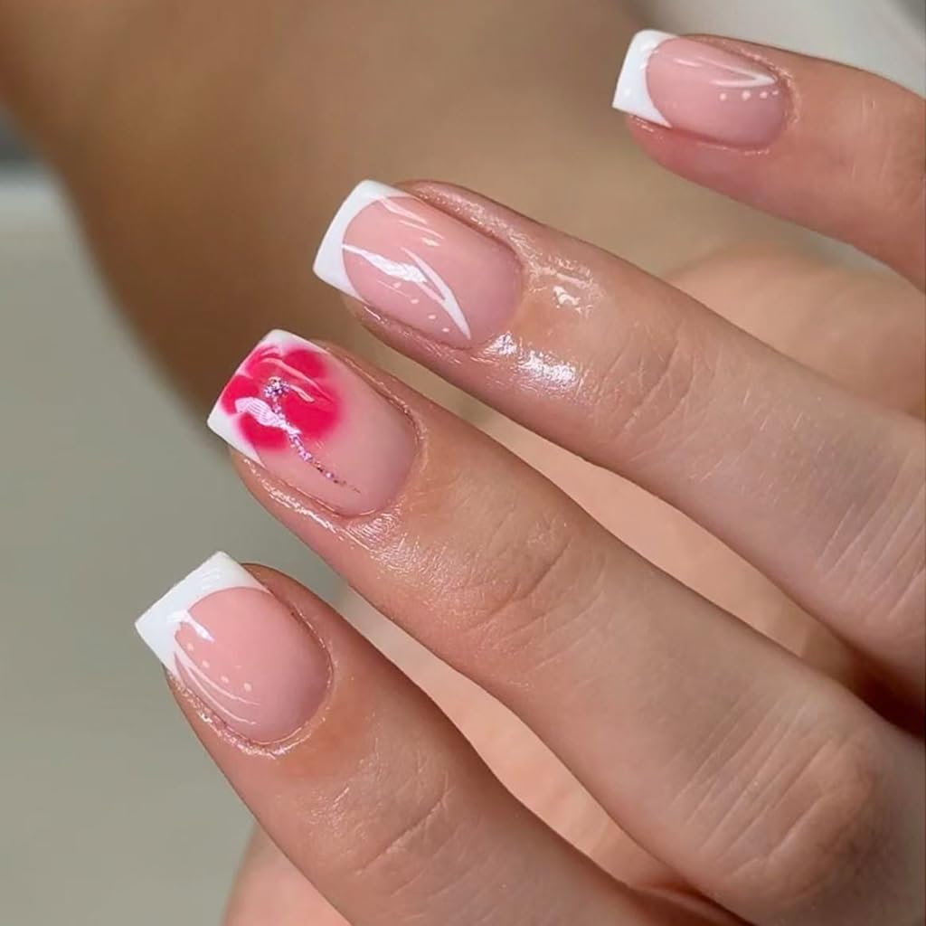 Short Square 24PCS Glossy White Glitters French Design Artificial Nails ABS Matte Daily Use