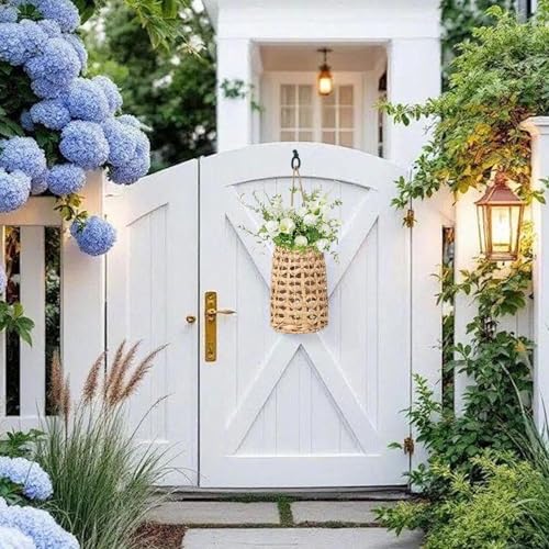 Canasta de puerta boho de jacinto de agua para flores y plantas 5