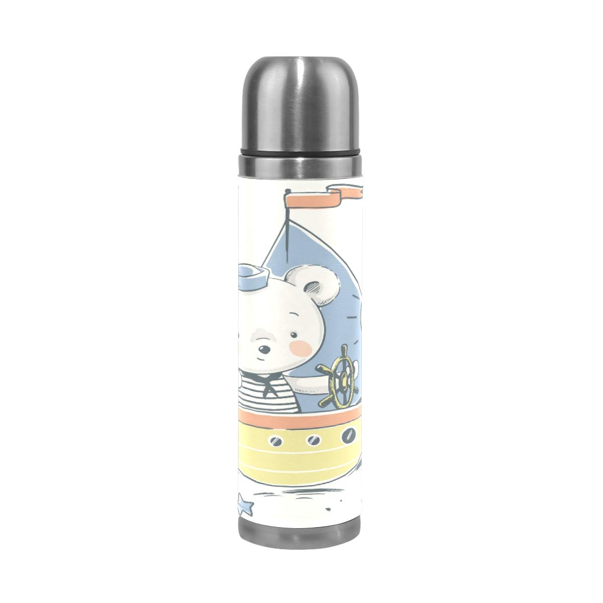 Taza de viaje aislada al vacío de acero inoxidable con doble pared a prueba de fugas, botella de taza con diseño de oso marinero con estampado personalizado impreso en piel auténtica, 500 ml