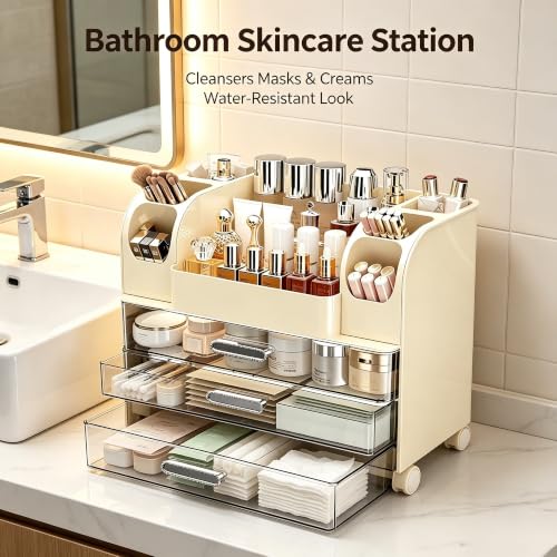 Image of Vanity Countertop Organizer with Multi‑Compartment Drawers & Brush Slot,Bathroom Desktop Storage Caddy, Multi‑Purpose Dresser Top Storage Unit for Toiletries & Personal Care Essentials (Cream)