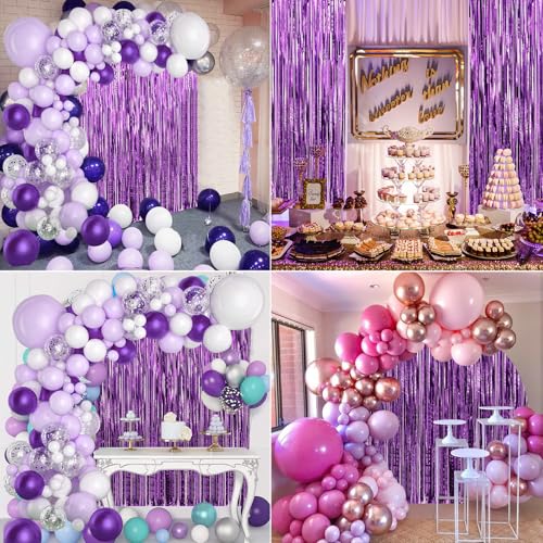 Image of Crosize 7 Pack 3.3 x 9.9 ft Purple Foil Fringe Backdrop Curtain, Streamer Backdrop Curtains, Streamers Birthday Party Decorations, Tinsel Curtain for Parties, Galentines Decor
