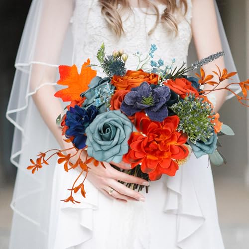 Kisflower orange-blue Artificial Flower Combo Fake Rose Faux Dahlia Flowers with Stems for DIY Wedding Bridal Bouquet Party Home Decorations - Image 3