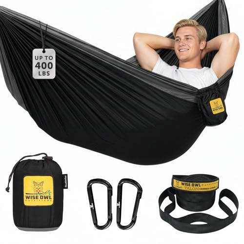 Wise Owl Outfitters Hammock for Camping Single Hammocks Gear for The Outdoors Backpacking Survival or Travel - Portable Lightweight Parachute Nylon SO Black & Grey