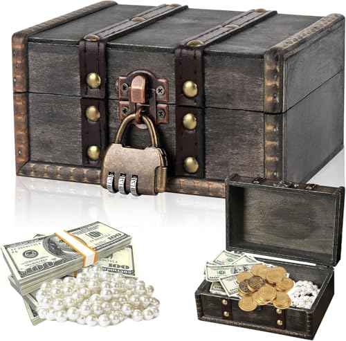 Mailfull Cofre del Tesoro de Madera Vintage Cofre Pirata con Cerradura de Combinación Gris Caja del Tesoro de Madera para Decoración y Almacenamiento