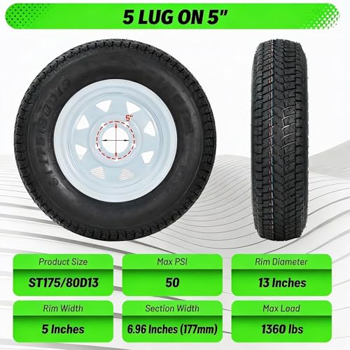 Image of Trailer Tires Rims ST175 /80D13 175 80 13 Tire, 5 Lug on 4.5 inch, White Spoke Wheel Load Range C, 6 PLY, Set of 2
