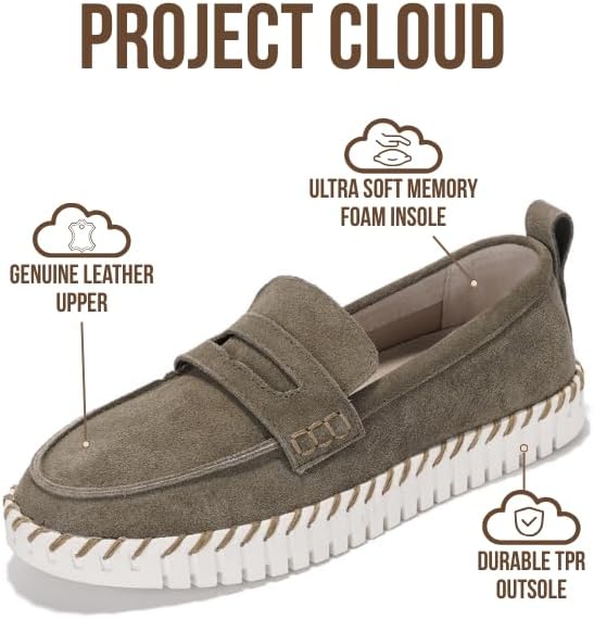 Project Cloud 100% Genuine Leather Loafers for Women - Memory Foam Womens Shoes - Non Slip Spring Loafers Flexible Sole - Fashion Shoes for Women 2026 (Filide, Oliv, 8) Olive - Image 2
