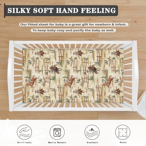 Image of Western Horse Bats Crib Sheets for Baby Boys Cowboy Crib Sheet for Standard Crib Mattress 28 inch x 52 inch Fitted and Soft Breathable Crib Mattress Sheet