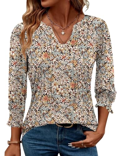 AKEWEI Blouses for Women Dressy Casual 3/4 Length Sleeve Spring Tops for Women V Neck Pleated T Shirts
