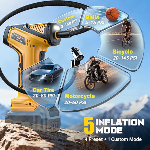 Image of DIYtoolifz Cordless Tire Inflator Air Compressor Compatible with Dewalt 20V Battery (Tool Only), 150 PSI Portable Car Air Pump with Digital Pressure Gauge, Automatic Shut Off, LED Light