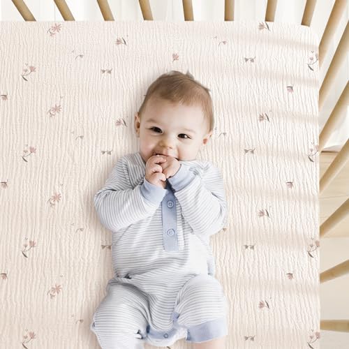 Image of Little Grape Land Muslin Crib Sheets Fitted for Boys and Girls 2 Pack, 100% Cotton Baby Bed Sheets Soft Breathable, Neutral Fitted Baby Mattress Sheets for Standard Crib 52x28 inches, Fog Flower